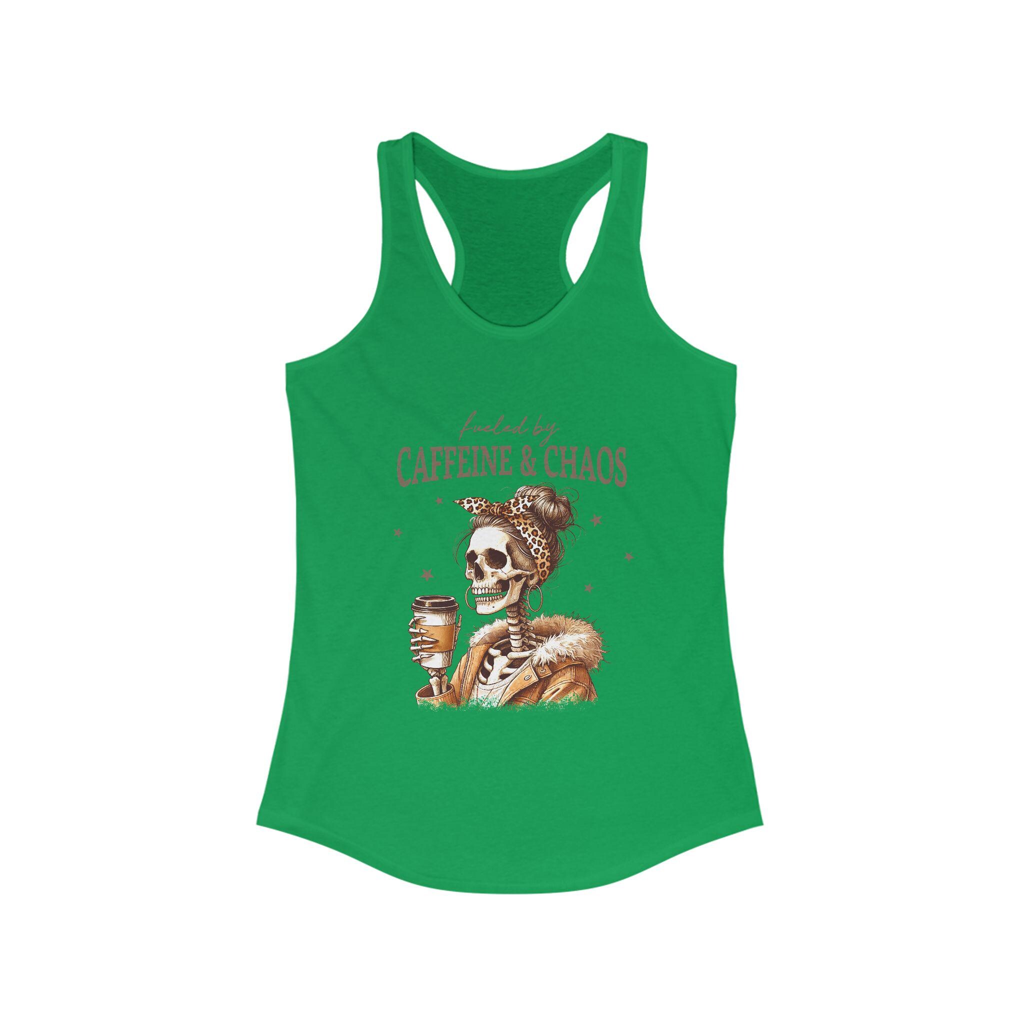 Fueled by Caffeine & Chaos Tank Top - Skeleton Coffee Graphic Tank, Spooky Coffee Lover Gift, Chaos Crew Top - Thumbnail 6