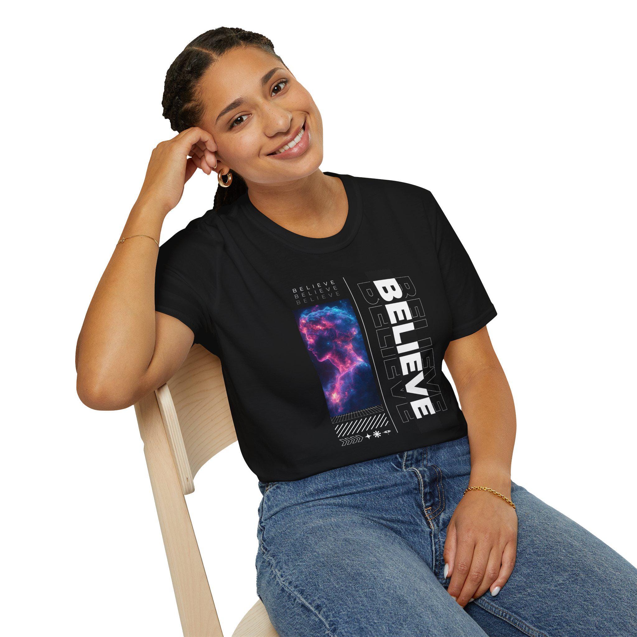 Galaxy Themed Tee - 'Believe' Graphic Tee, Casual Wear, Gift for Dreamers, Halloween, Space Lovers, Everyday Style - Thumbnail 5