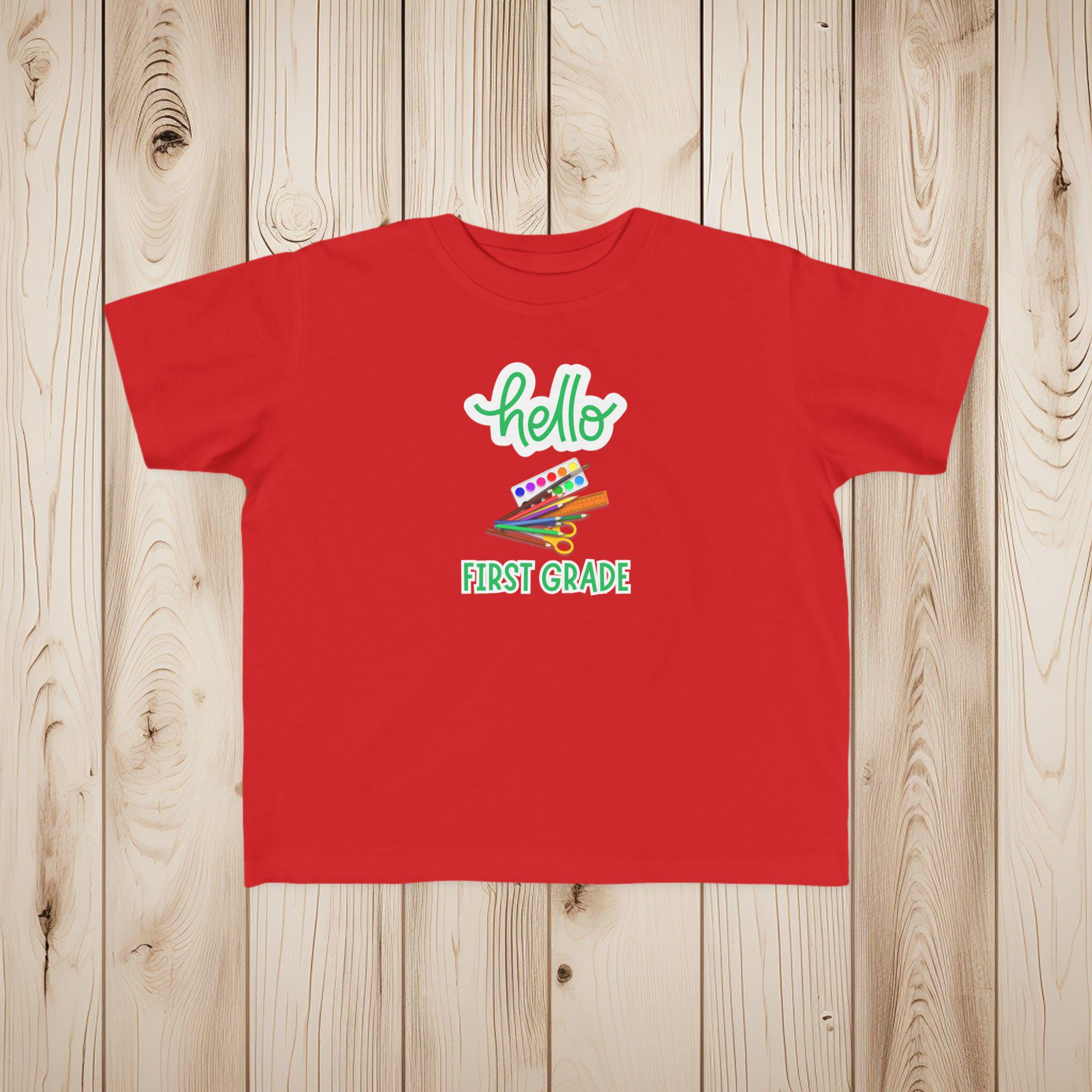 Hello First Grade Shirt, Personalized Back to School or daycare Toddler, Custom Rabbit Skins 3321 Tee, First Day of School Shirt
