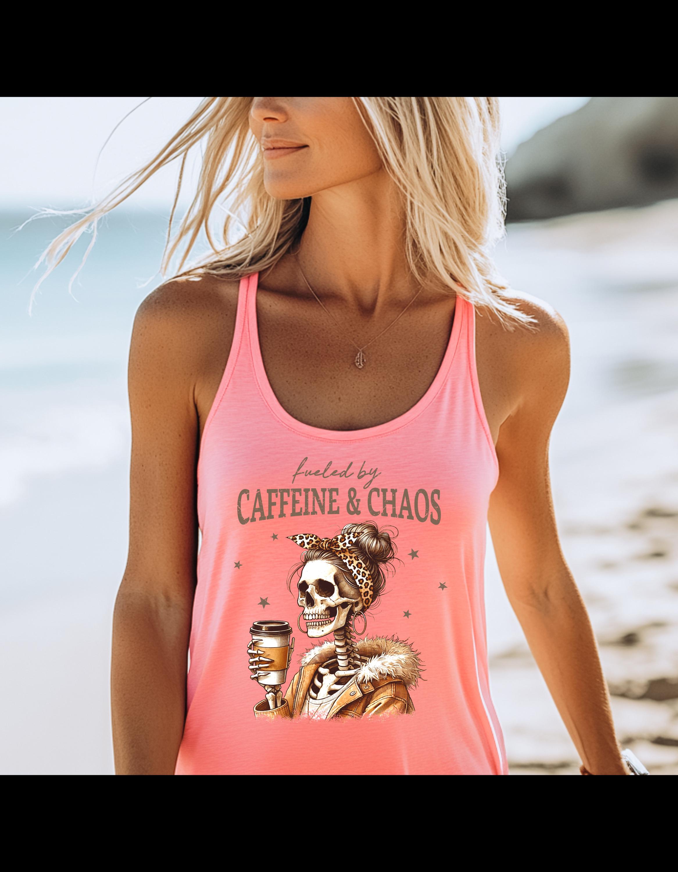 Fueled by Caffeine & Chaos Tank Top - Skeleton Coffee Graphic Tank, Spooky Coffee Lover Gift, Chaos Crew Top - Thumbnail 4