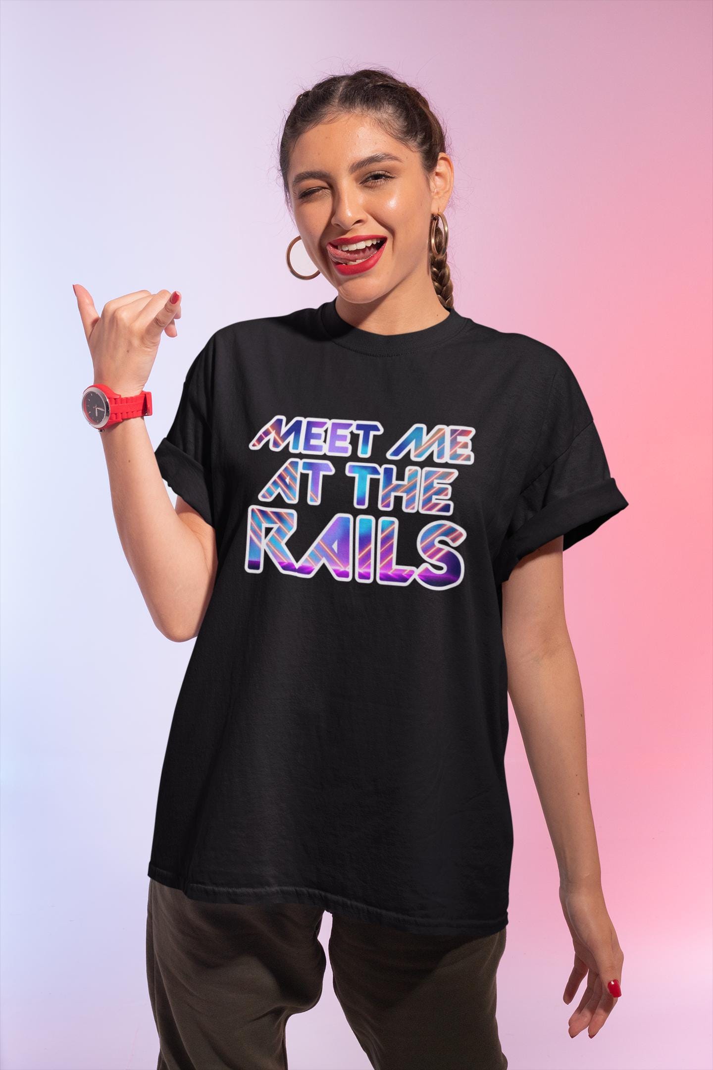 Meet Me at the Rails T-Shirt, Rave Graphic Tee, Festival EDM Shirt, Bass Drop Front Row Vibes, Gildan 64000 Unisex