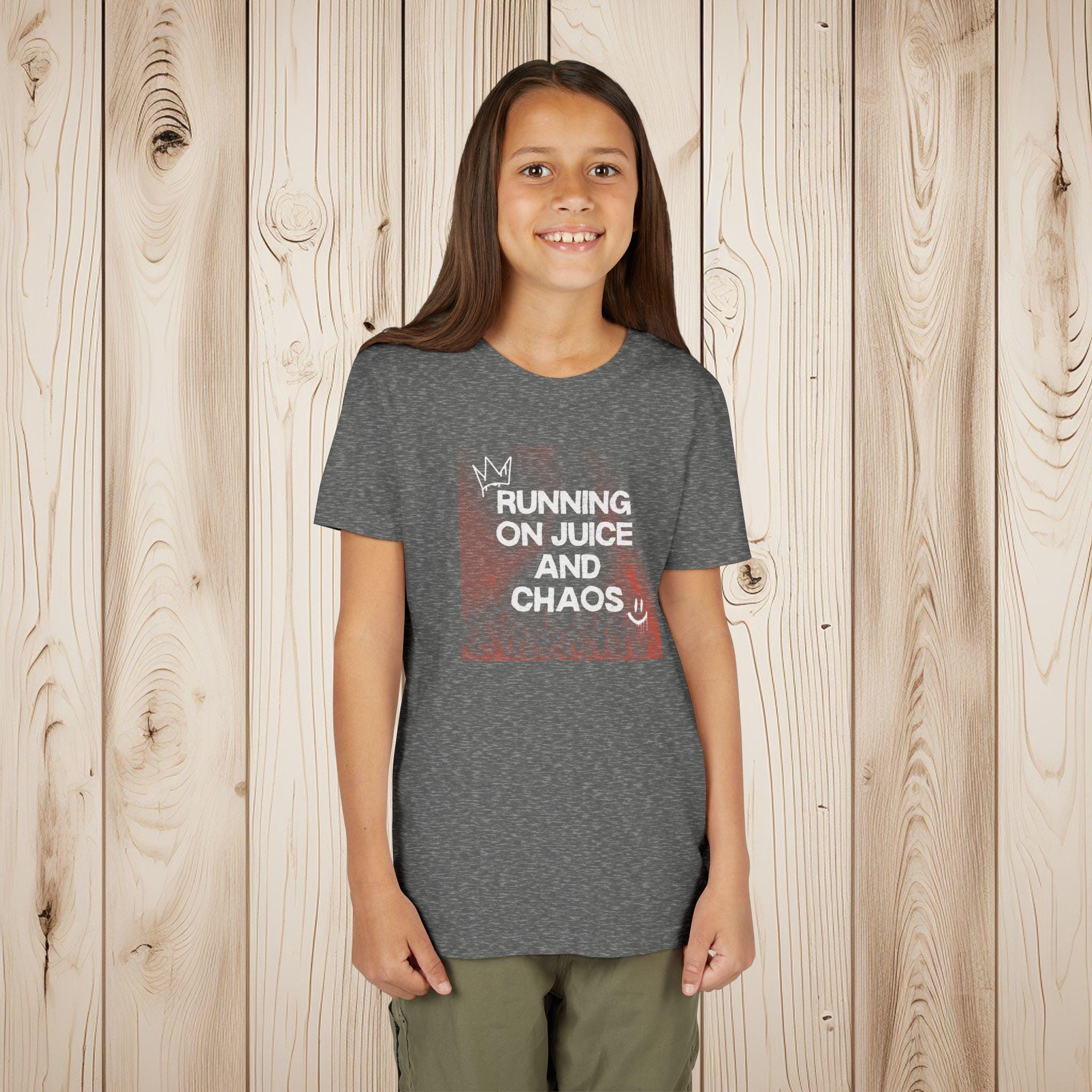 Running on Juice and Chaos Youth T-Shirt, Bella Canvas 3001Y Kids Tee, High Energy Kid Shirt, Soft Cotton Graphic Tee, Toddler & Youth Sizes - Thumbnail 2