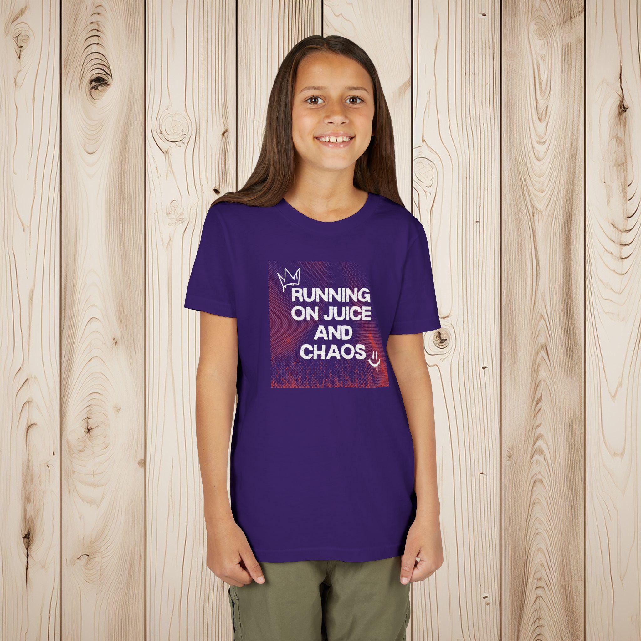 Running on Juice and Chaos Youth T-Shirt, Bella Canvas 3001Y Kids Tee, High Energy Kid Shirt, Soft Cotton Graphic Tee, Toddler & Youth Sizes - Thumbnail 4