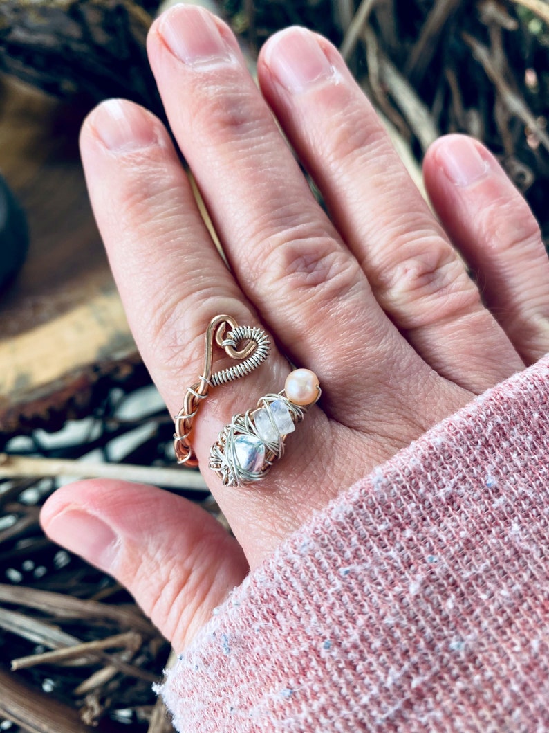 Blushing Sweetheart Ring ~ Rose Gold filled Ring Heart Ring Wire Wrapped Ring Pearl Ring Adjustable