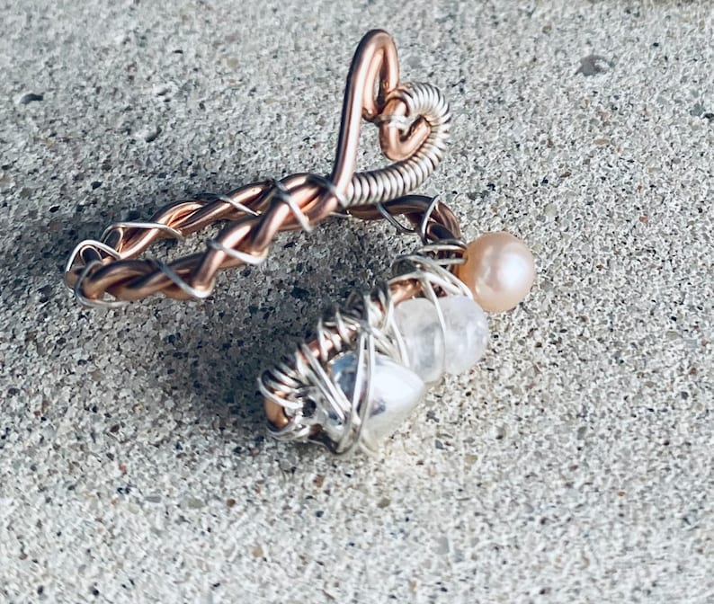 Blushing Sweetheart Ring ~ Rose Gold filled Ring Heart Ring Wire Wrapped Ring Pearl Ring Adjustable
