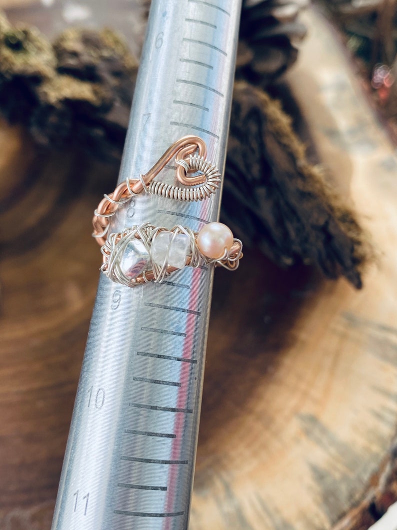 Blushing Sweetheart Ring ~ Rose Gold filled Ring Heart Ring Wire Wrapped Ring Pearl Ring Adjustable