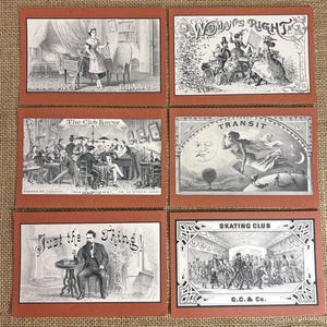 May include: Six rectangular cards with terracotta borders featuring black and white vintage illustrations. The cards display scenes titled The Only Chance, Woman's Right, The Club House, Transit, Just the Thing, and Skating Club, each with detailed period-style drawings.