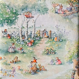 May include: Watercolor illustration of a whimsical forest scene with animals in vintage clothing. The artwork features a path, trees, and small creatures in a soft, pastel color palette. The overall theme is a children's storybook.