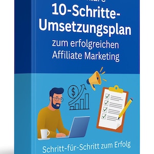 Może przedstawiać: Niebieska okładka książki z tytułem "Der klare 10-Schritte-Umsetzungsplan zum erfolgreichen Affiliate Marketing". Okładka zawiera ilustracje mężczyzny pracującego na laptopie, wykres i listę kontrolną.