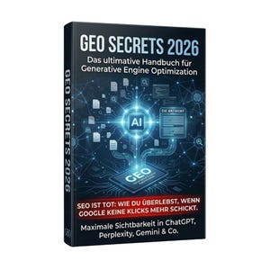 May include: A dark blue book titled GEO SECRETS 2026, Das ultimative Handbuch für Generative Engine Optimization. The cover features a glowing blue AI network graphic, a tablet displaying GEO, and text about SEO survival in ChatGPT, Perplexity, and Gemini.