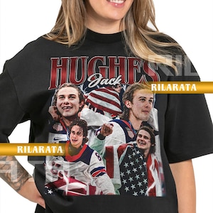 May include: Black adult unisex t-shirt featuring a collage of images with the name "Hughes Jack" in a vintage style. The shirt includes the text "Rilarata" and "Ready Custom Designs".