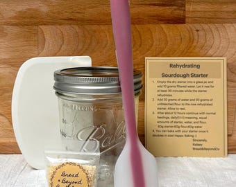 Kit de iniciación para masa madre / Masa madre, tarro de cristal, espátula, raspador de bol e instrucciones sencillas.