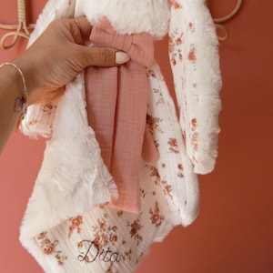NINA 25cm bunny comforter, choice of furs and cotton gauze, personalized baby blanket, newborn gift