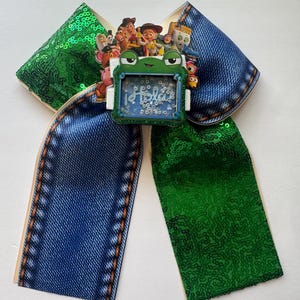 Toy Story Inspired Hair Bow – Green Sequin & Denim Print Bow – Character Shaker Center – Girls Hair Accessory – Birthday Bow