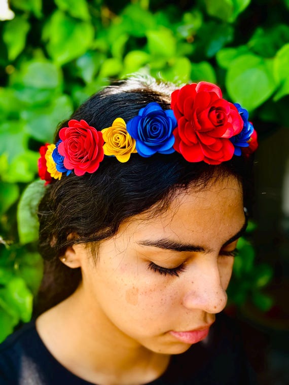 Colorful Floral Headband with Red, Yellow, and Blue Blooms Ukrainian Flower Crown, Red Blue and Yellow Headband, Fake  main image 2