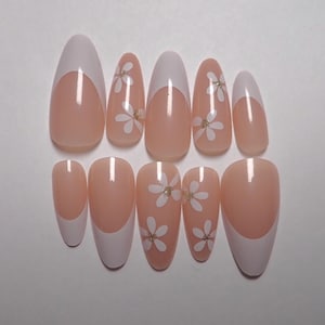 Spring Flower Press On Nails, White and Pink French Tip Nails, Fake Almond Nails, Gifts for Her