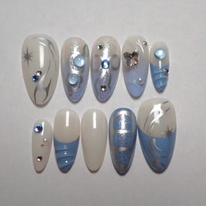 Frozen Icicle Almond Gem Press On Nails, Winter Inspired Fake Nails, Christmas Holiday Nails Art, Gifts for Her