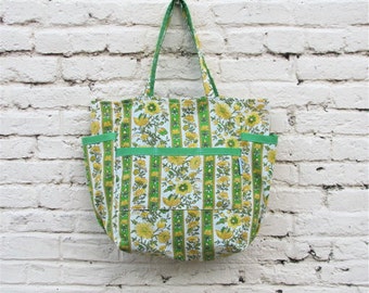 Vintage Blooming Stripes / Upcycled Travel Shopper Weekender Tote Bag / Mid Century Green Yellow Floral Print / Eco Friendly Her Mom Gift