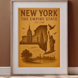 Arte de pared vintage del estado de Nueva York. Póster imprimible del Empire State. Descarga digital. Decoración del hogar de Nueva York. Mapa ilustrado en sepia. Incluye 5 tamaños.