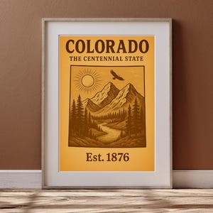 Arte mural vintage del estado de Colorado: Póster imprimible del estado del centenario, montaña y naturaleza sepia, descarga digital, decoración rústica de cabaña, 5 tamaños