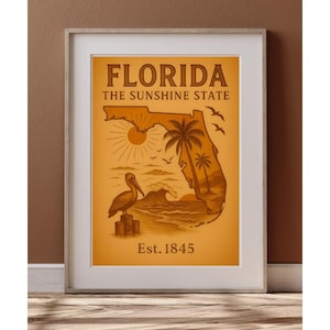 Florida State vintage muurkunst, The Sunshine State afdrukbare poster, sepia digitale download Florida Beach en Palm Tree afbeelding 5 maten
