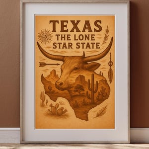 Arte mural digital de Texas - "El Estado de la Estrella Solitaria" / Póster vintage de Longhorn del Oeste / Descarga instantánea