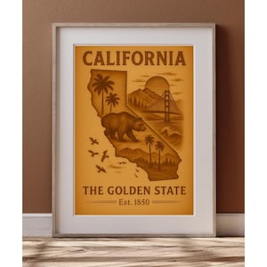 California State Vintage Wall Art, The Golden State Printable Poster, Sepia Digital Download, California Bear and Coast Map 5 Sizes