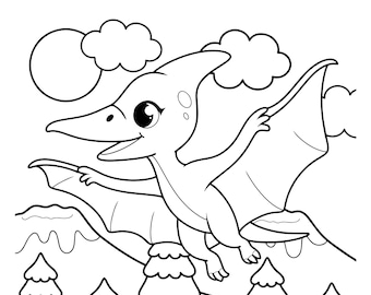 May include: Black and white line art of a Pterodactyl flying over a mountain range with pine trees. The sun and clouds are in the background. The text "Bonus Coloring Page" is at the top.