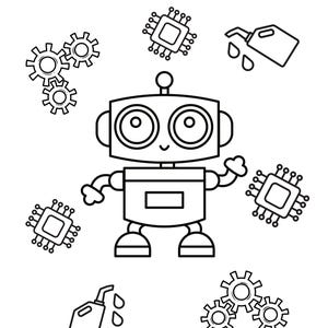 May include: Black and white line art illustration of a robot with gears, circuit boards, and a fuel can. The text "Bonus Coloring Page" is written in green at the top of the page.