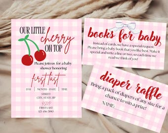 EDITABLE Canva Cherry on Top, pink and read Baby Shower Invite