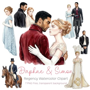 Könnte beinhalten: Aquarell-Cliparts mit Paaren und Einzelpersonen in Kleidung der Regency-Ära. Das Bild enthält Illustrationen von Männern in Mänteln und Frauen in Kleidern, mit dem Text "Daphne & Simon" und "Regency Watercolor Clipart".