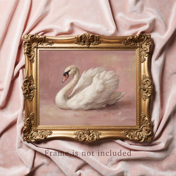 Vintage Swan Painting, Romantic Cottagecore Wall Art