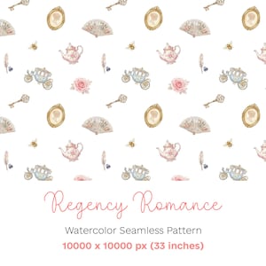 May include: Watercolor seamless pattern with a Regency theme. The design features repeating illustrations of gold-framed cameos, keys, fans, teapots, carriages, roses, bees, and feathers. The text "Regency Romance" is displayed in a cursive font.