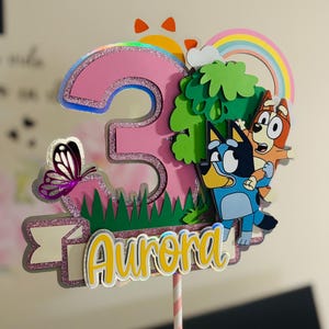 Topper per torta di compleanno Bluey, Topper per torta Bluey personalizzato, Topper per torta Bluey e Bingo, Topper per torta Bluey divertente, Topper per torta Bluey personalizzato