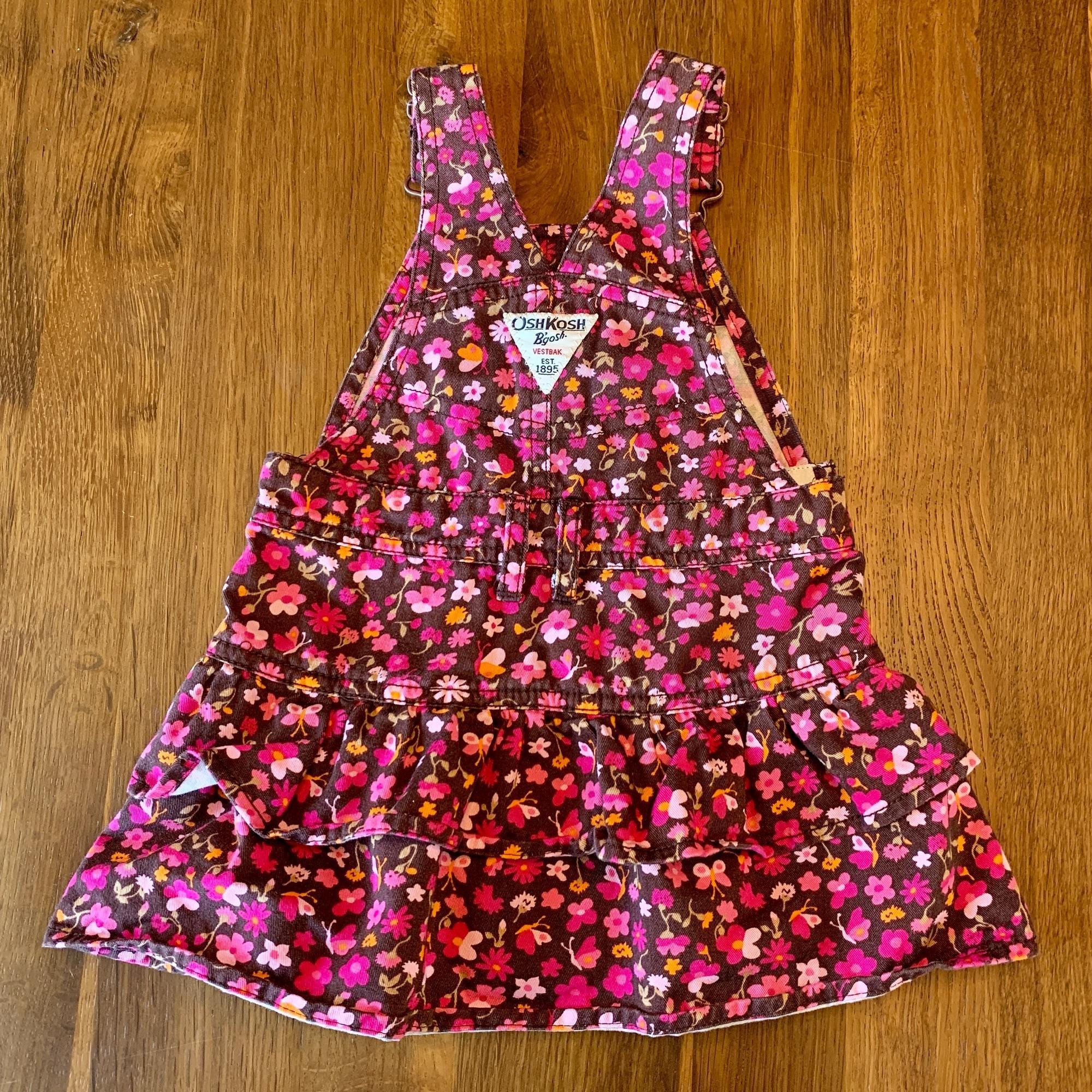 OSHKOSH Vintage Floral Overall Dress Girls 18 M Cotton Ruffles