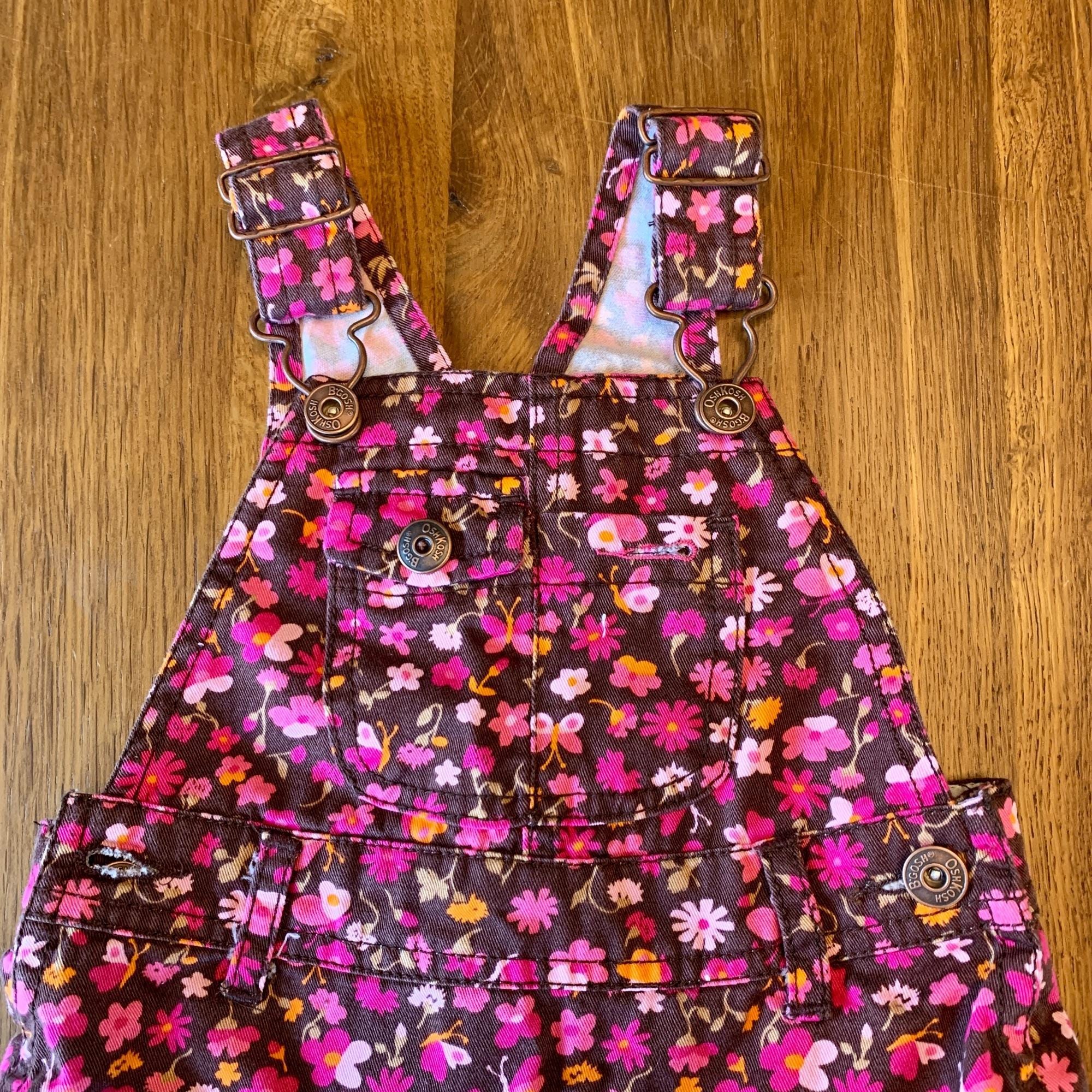OSHKOSH Vintage Floral Overall Dress Girls 18 M Cotton Ruffles 