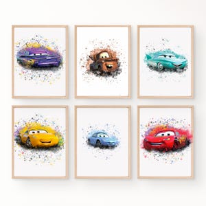 Set of 6 Lightning McQueen Wall Art Prints | Cars Movie Nursery Decor | Mater, Sally Carrera Clipart | Kids Room Poster | Digital Download