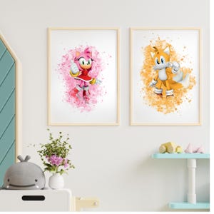 Set of 2 Watercolor Sonic Wall Art-Printable Posters | Wall Decor | Kids Room Decor | Anime Gift | Amy Rose | Tails Sonic | Gift For Kids