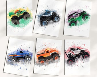 Watercolor Monster Truck Prints |Set of 6 Boys Room Decor | Monster Truck Kids wall decor Room | Truck posters wall decor | Truck Theme Art