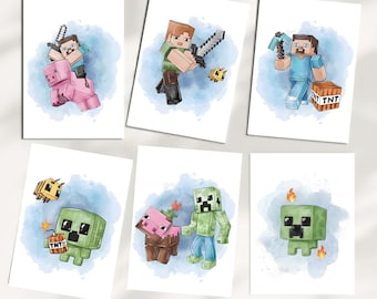 Pósteres de videojuegos de acuarela (juego de 6 unidades), decoración infantil para gamers, arte imprimible de acuarela para videojuegos, arte mural de mundo de bloques para habitación infantil.