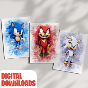 Set of 4 Watercolor Posters, Game Poster, Sonic the Hedgehog Wall Art, Girl, Boy, Kid, Wall Decor, Watercolor Printable Digital Download