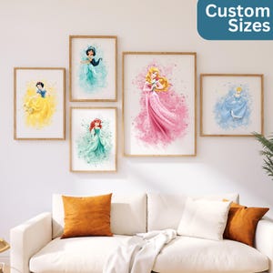 Princess Watercolor Wall Art – Disney Princess Prints for Girls Room, Fairytale Nursery Decor, Princess Art for Kids Bedroom Set of 6