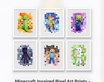 Watercolor Pixel Game Character Wall Art for Kids| Standing Blocky Game Characters | Gamer Birthday Party Activity