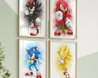 May include: Set of four framed art prints featuring characters from the Sonic the Hedgehog series. Each print showcases a different character: Shadow, Knuckles, Sonic, and Super Sonic, with watercolor-style backgrounds. The prints are in wooden frames.