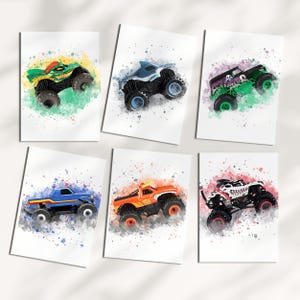 Set of 6 Monster Vehicle Wall Art |Truck Posters for Boys&#39; Bedroom | Printable Nursery Art | Toddler Room Decor | Driver Digital Prints