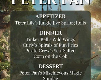 Peter Pan inspiriert Vorspeisen, Abendessen, Dessert, digitaler Download, Party, Kindergeburtstag, Neverland Thema, bedruckbar
