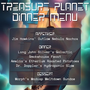 Menus de jantar e coquetéis TEMÁTICOS do Treasure Planet (inclui lista de compras, planos de culinária, planos de preparação de refeições, cartões de menu, etc.)!