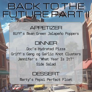 May include: A menu from the movie "Back to the Future Part II" with a futuristic cityscape background. The menu lists appetizers, dinner, and dessert options, including "Biff's Mean Green Jalapeño Poppers" and "Marty's Pepsi Perfect Float."