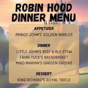 Menus pour le dîner et les cocktails sur le thème Robin des Bois (comprend une liste de courses, des plans de cuisine, des plans de préparation de repas, des cartes de menus, et plus encore) !