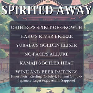 May include: A graphic design with the title "Spirited Away" and a list of characters from the movie with wine and beer pairings. The characters listed are Chihiro, Haku, Yubaba, No-Face, and Kamaji.